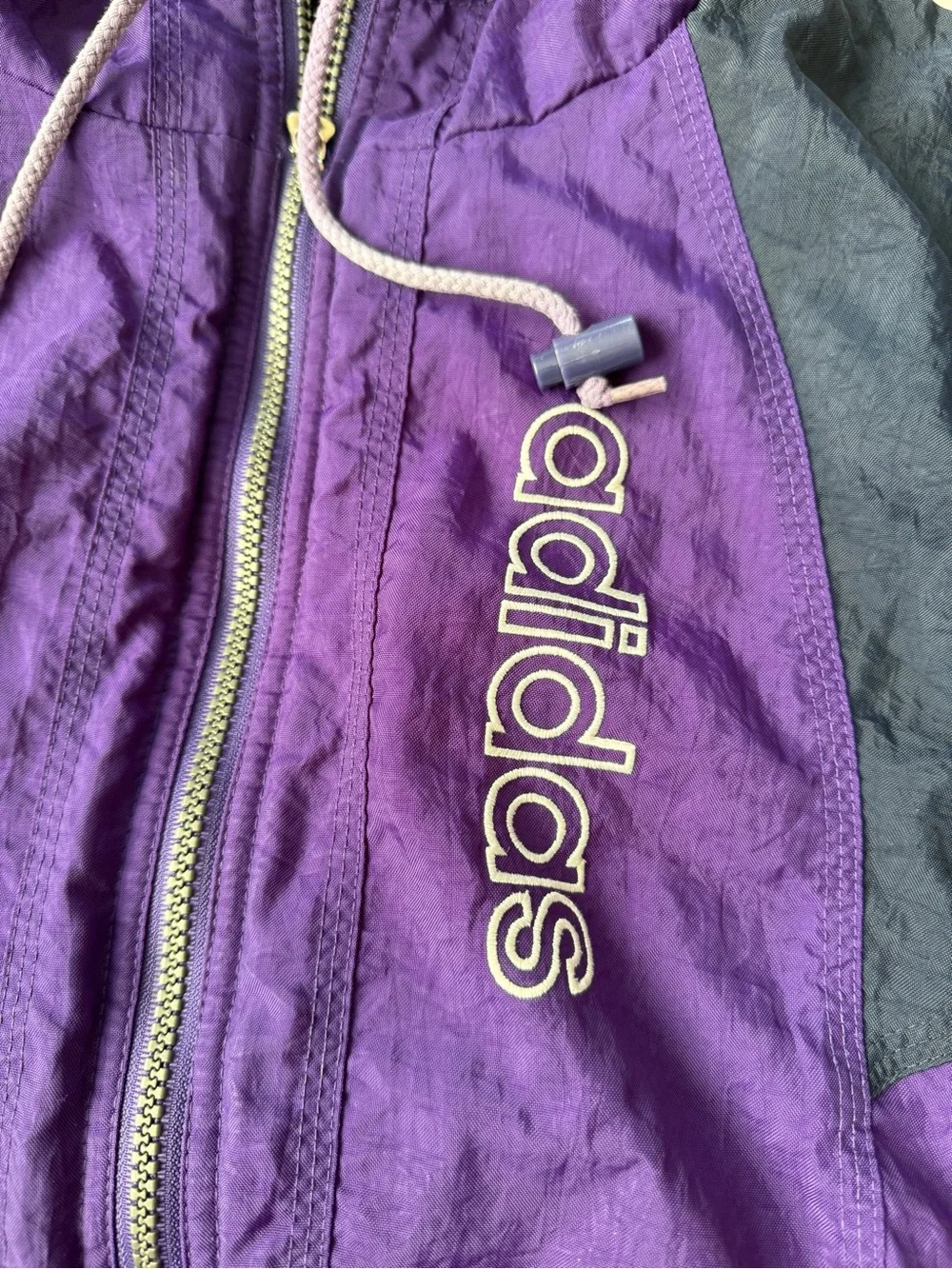 Vintage Adidas Trefoil Hooded Puffer Jacket Purple Black 90s Spellout Stripe L
